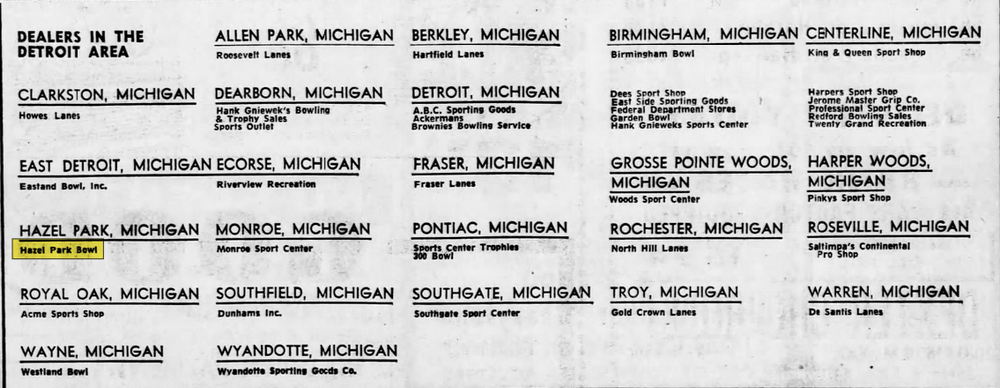 Hazel Park Bowl - Sep 6 1966 Nice Listing Of Brunswick Dealers